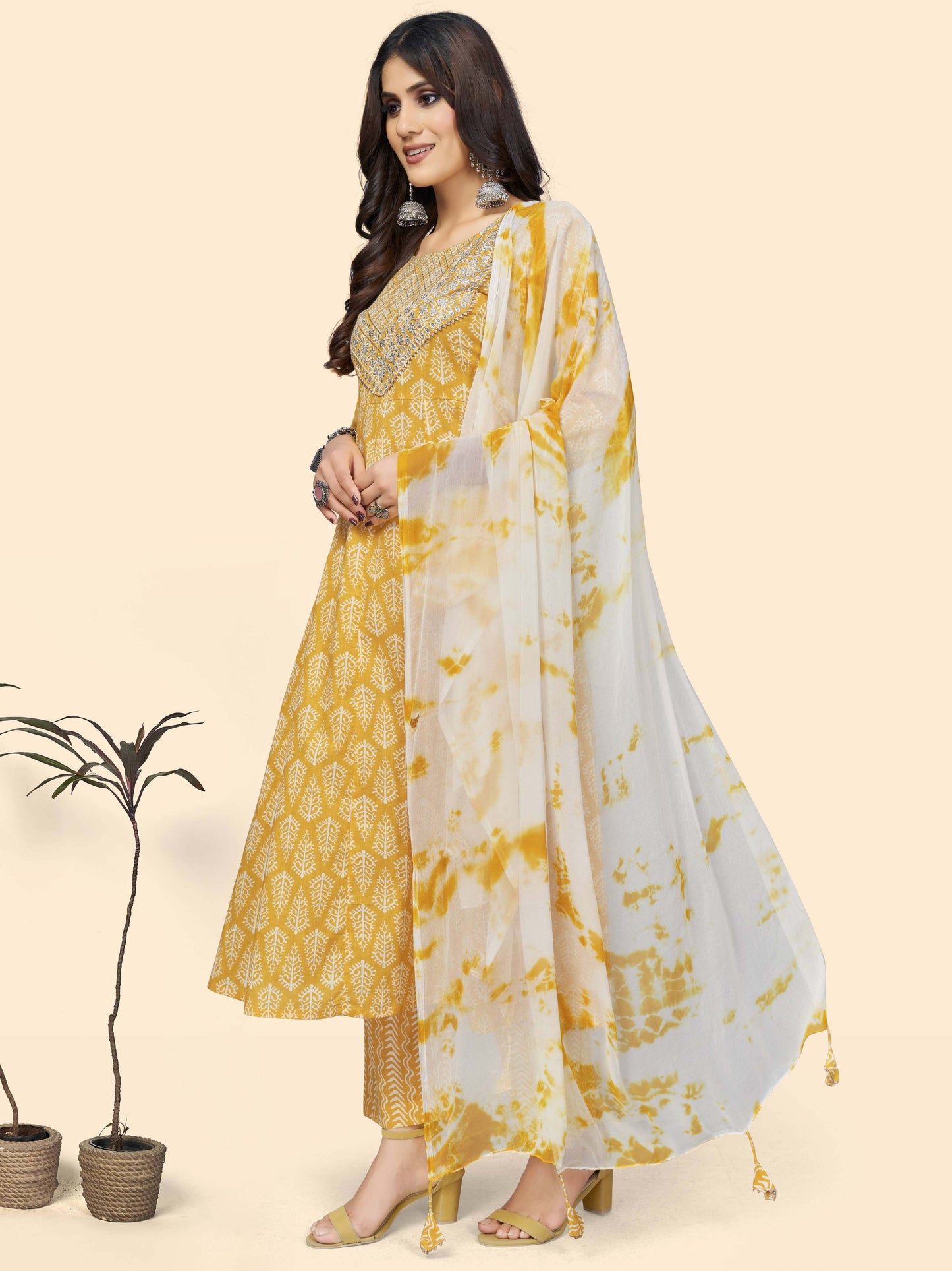Yellow Embroidered A-Line Cotton Kurta Set
