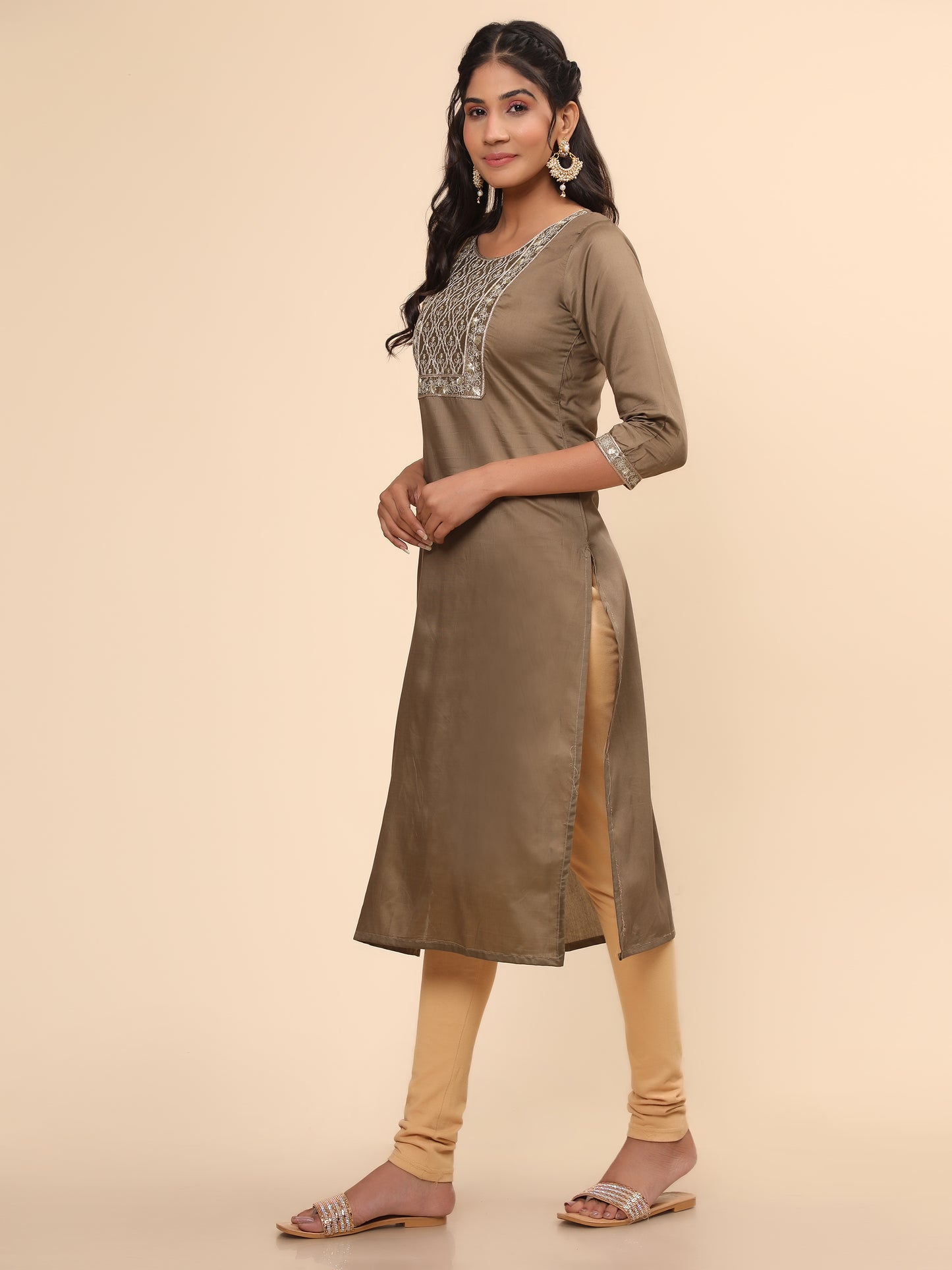 Brown Embroidered Straight Chanderi Kurta