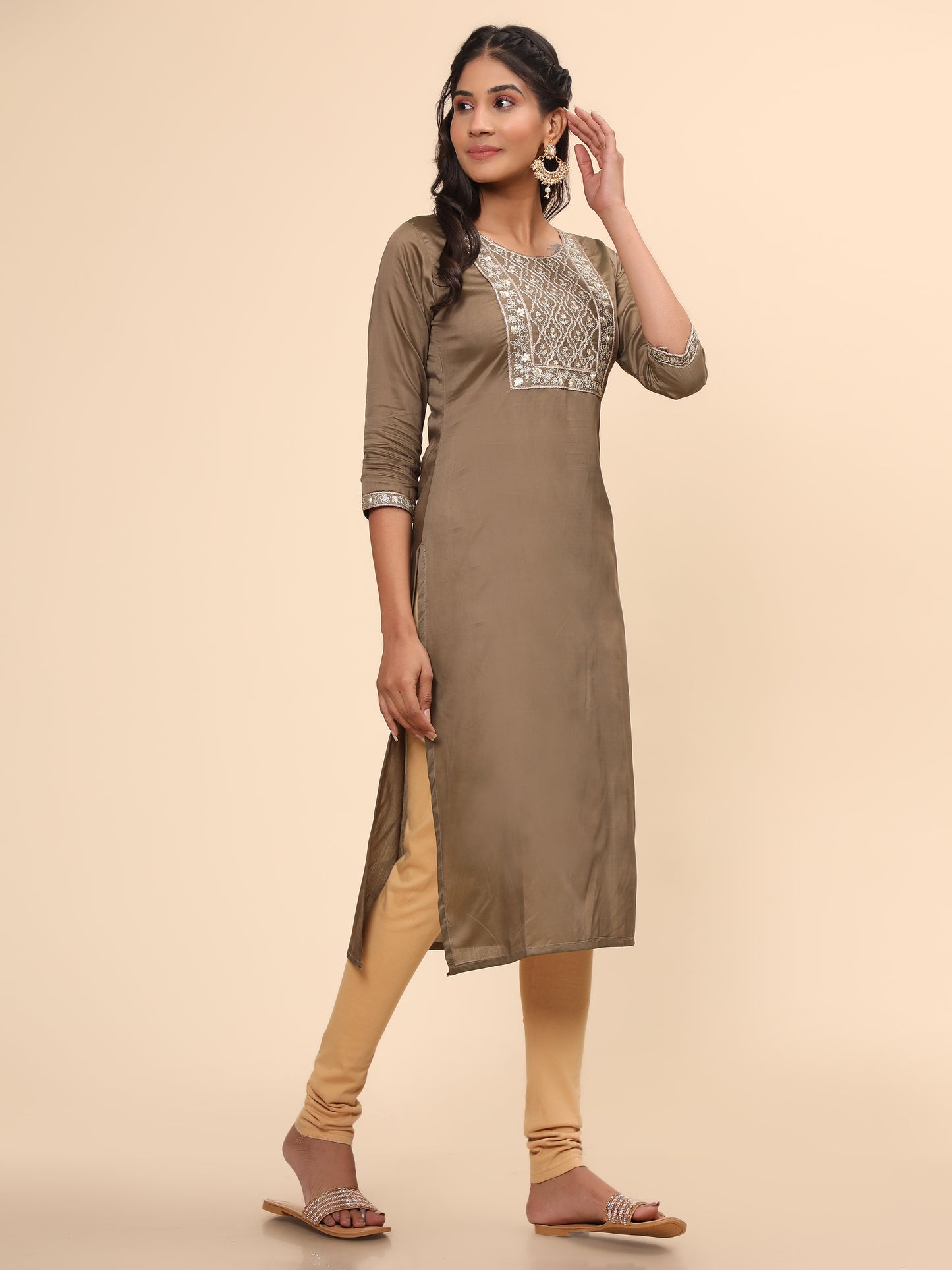 Brown Embroidered Straight Chanderi Kurta