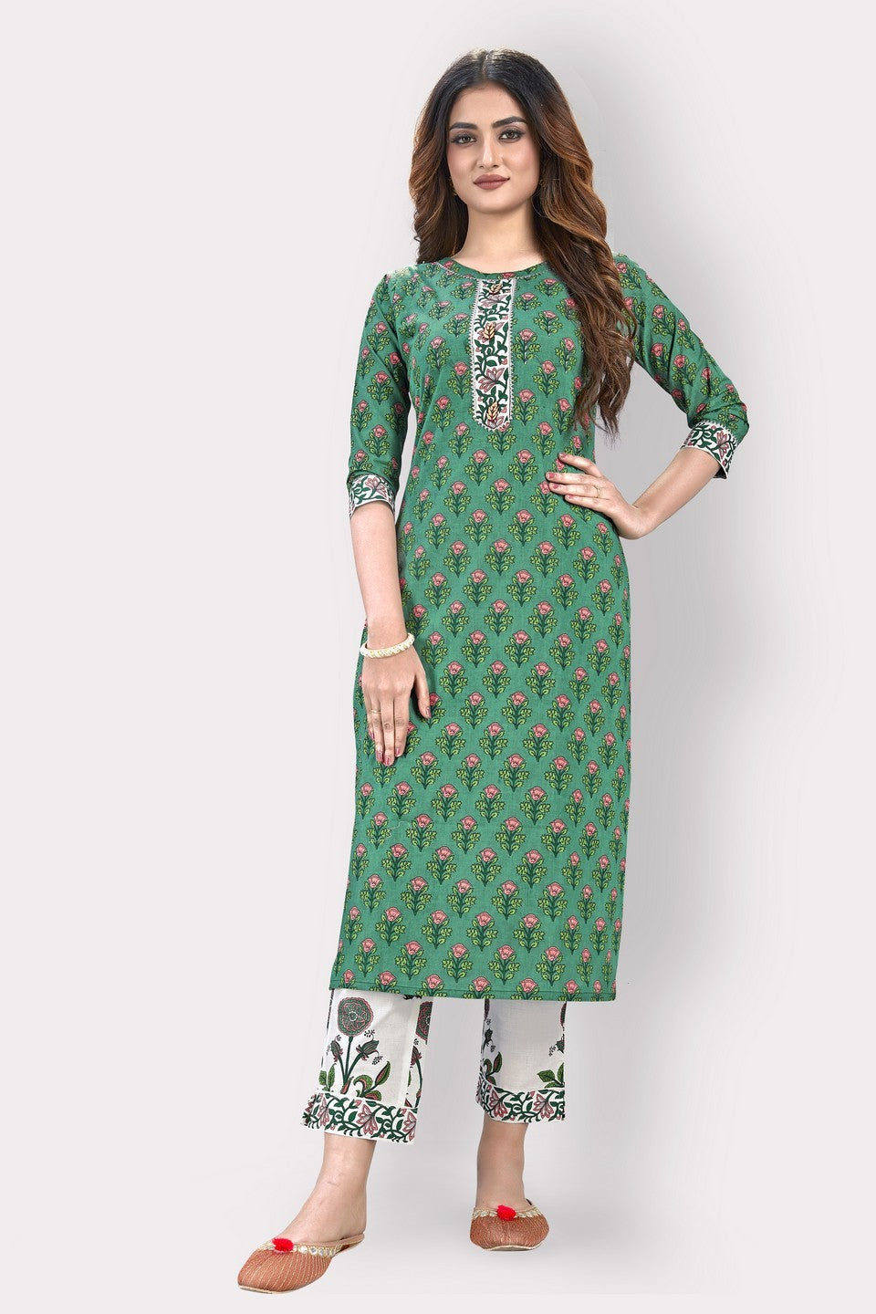 Green Straight Cotton Kurta Set