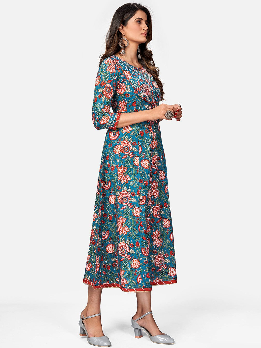 Turquoise Gota Patti Anarkali Cotton Kurta