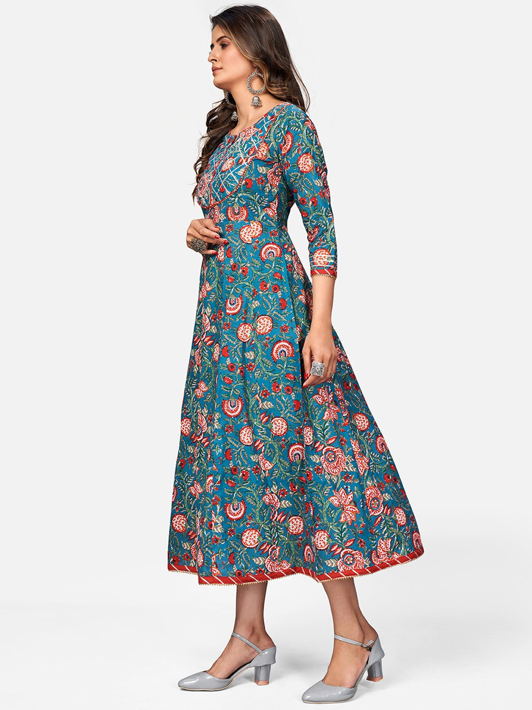 Turquoise Gota Patti Anarkali Cotton Kurta
