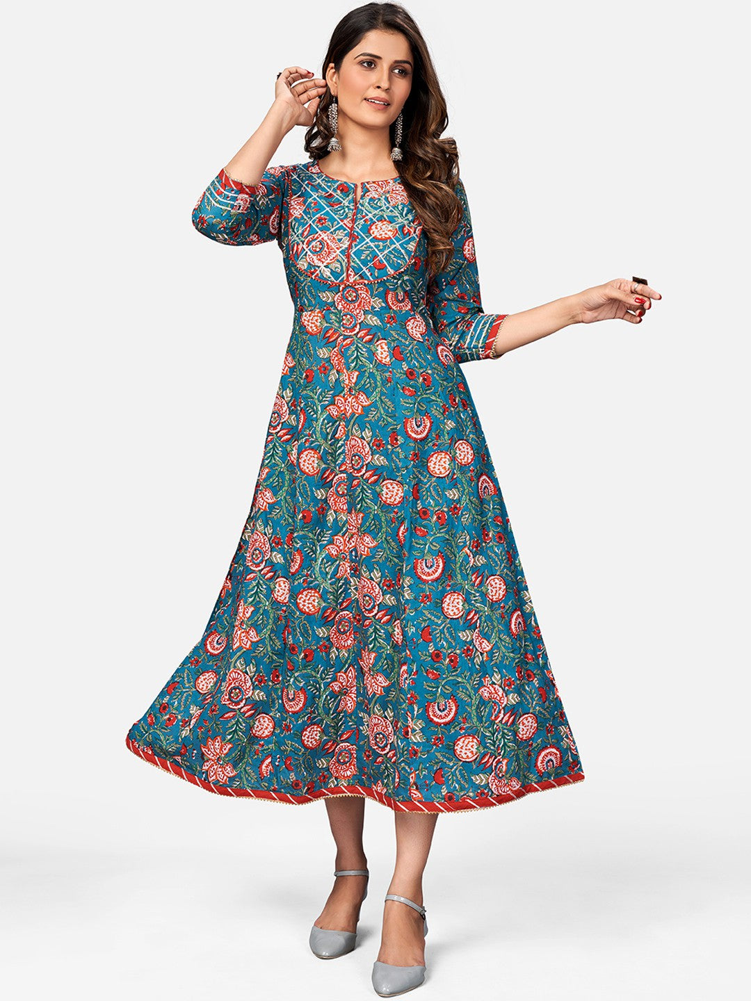 Turquoise Gota Patti Anarkali Cotton Kurta