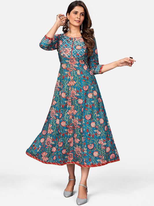 Turquoise Gota Patti Anarkali Cotton Kurta