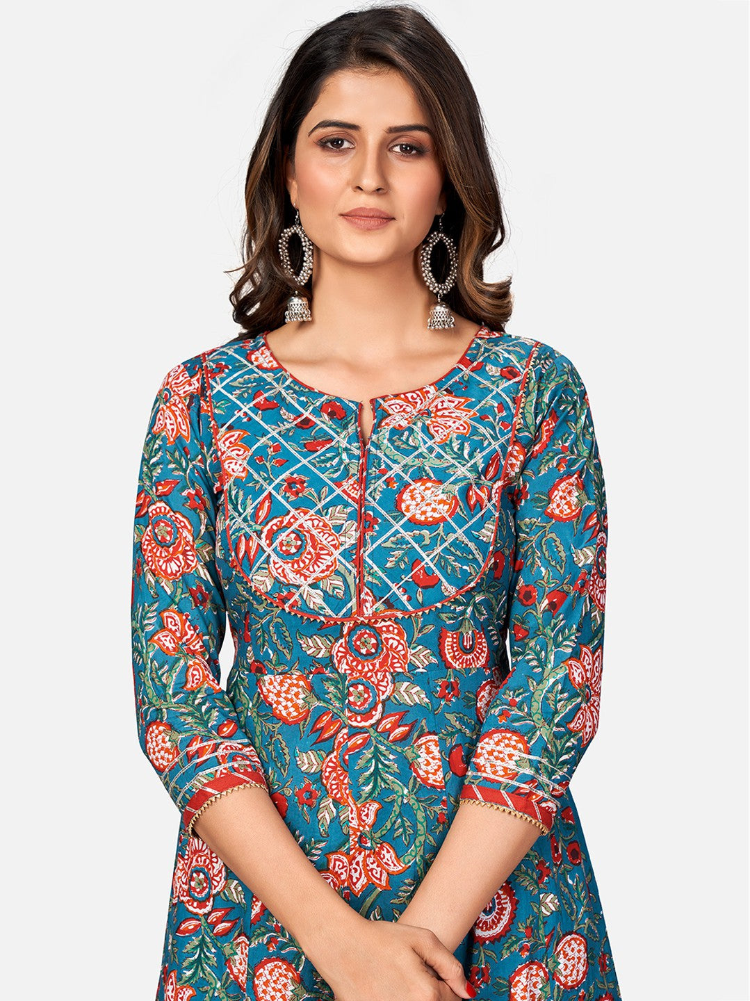 Turquoise Gota Patti Anarkali Cotton Kurta