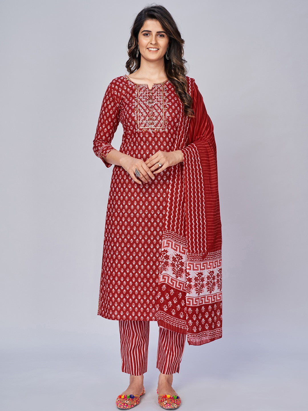 Red Embroidered Straight Cotton Kurta Set