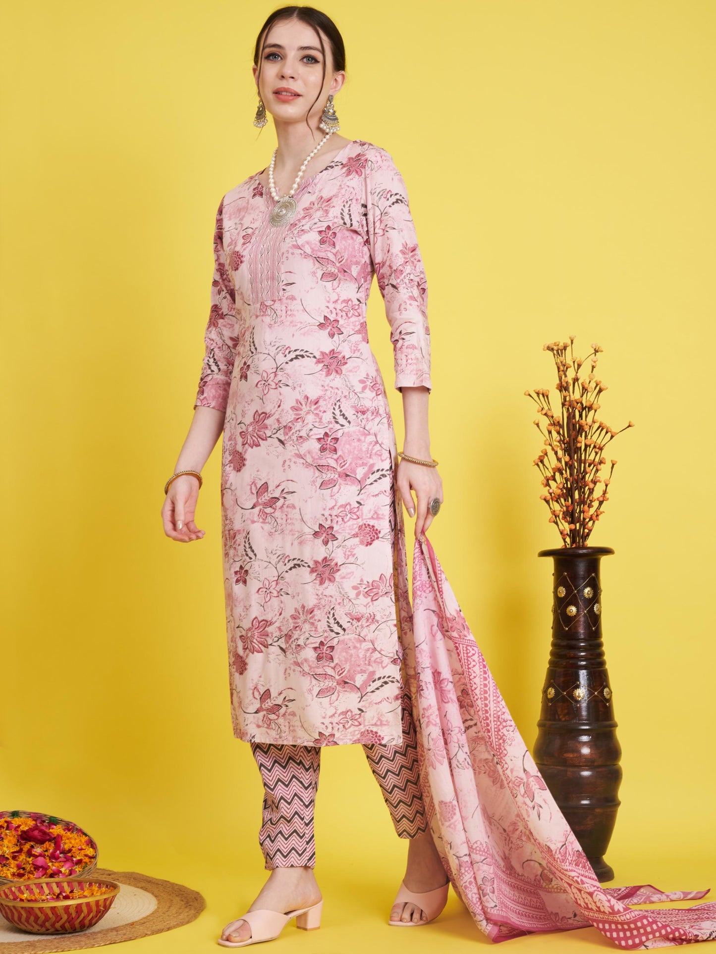 Purple Printed Straight Rayon Kurta Set