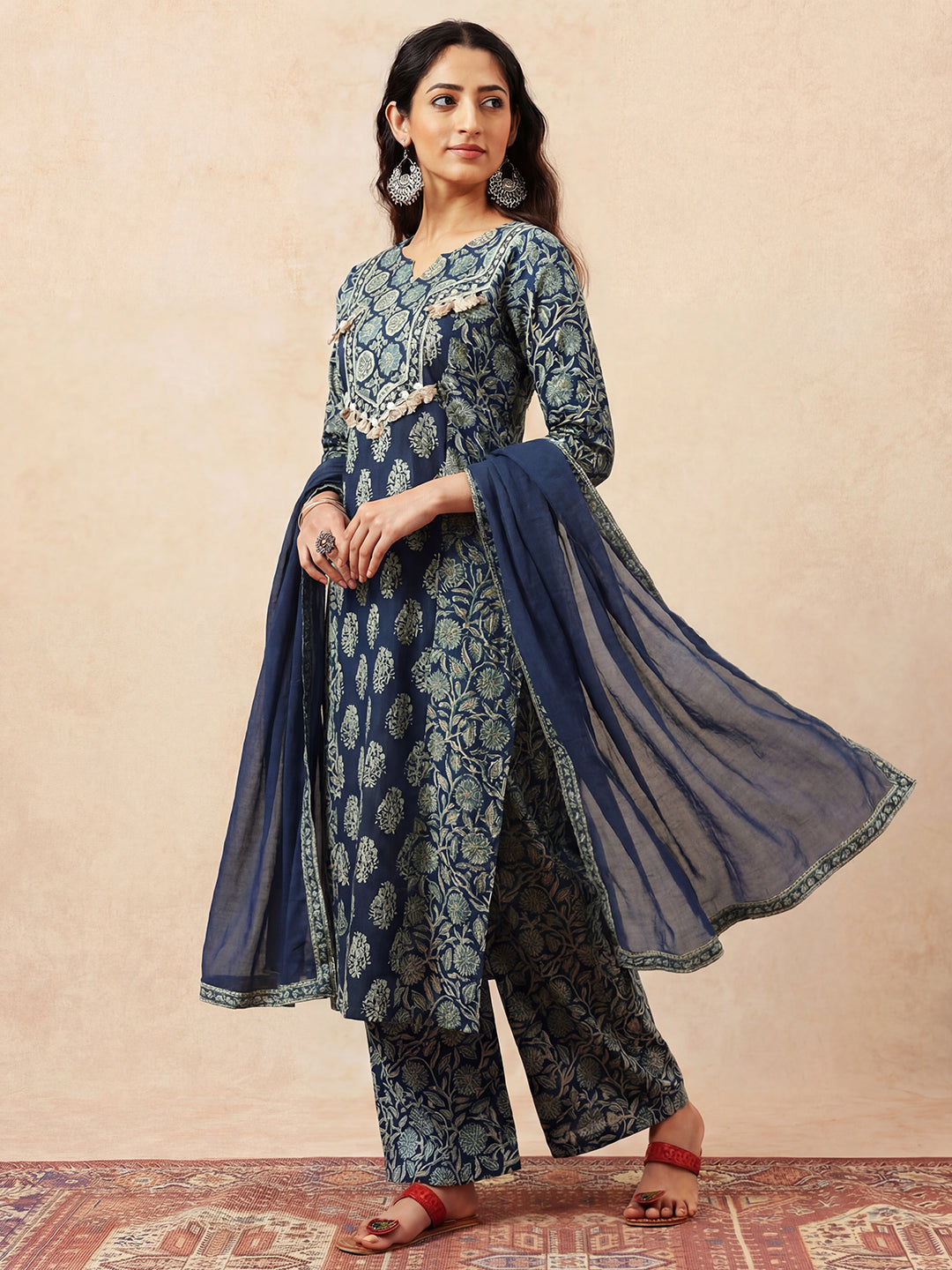 Blue Floral Straight Cotton Stitched Kurta, Palazzo With Dupatta
