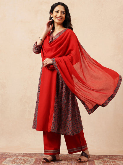 Red Solid A-Line Cotton Stitched Kurta, Palazzo With Dupatta