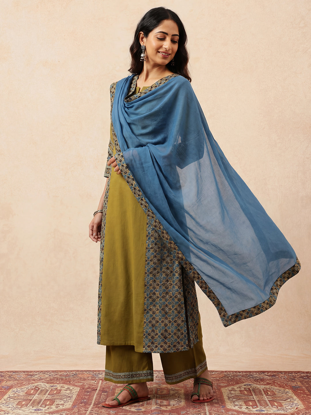 Mehendi Green & Teal Solid A-Line Cotton Stitched Kurta, Palazzo With Dupatta