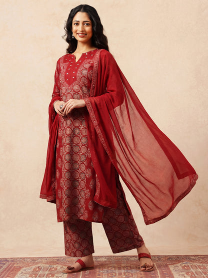 Maroon Geometric Straight Cotton Stitched Kurta, Palazzo With Dupatta