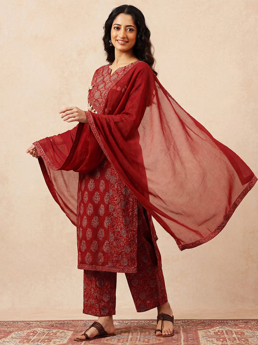 Maroon Floral Straight Cotton Stitched Kurta, Palazzo With Dupatta