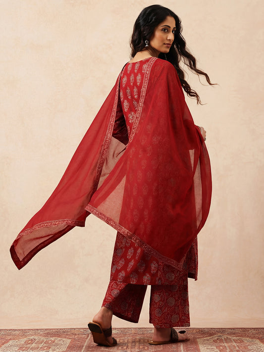 Maroon Floral Straight Cotton Stitched Kurta, Palazzo With Dupatta