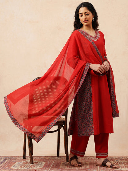 Red Solid A-Line Cotton Stitched Kurta, Palazzo With Dupatta