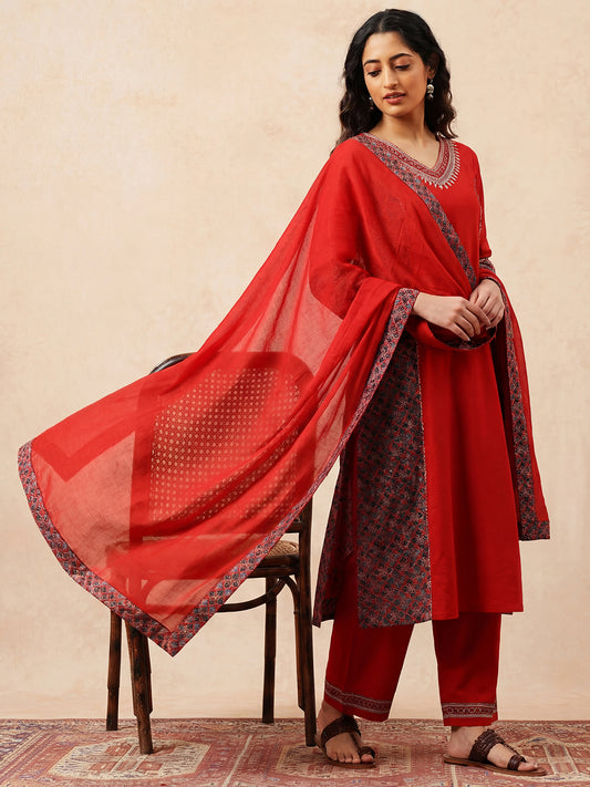 Red Solid A-Line Cotton Stitched Kurta, Palazzo With Dupatta