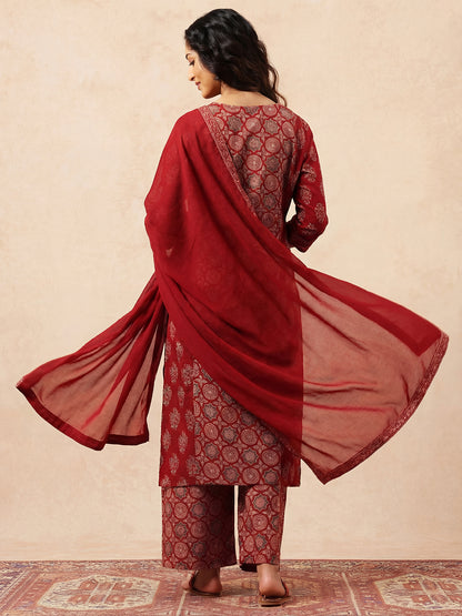 Maroon Geometric Straight Cotton Stitched Kurta, Palazzo With Dupatta