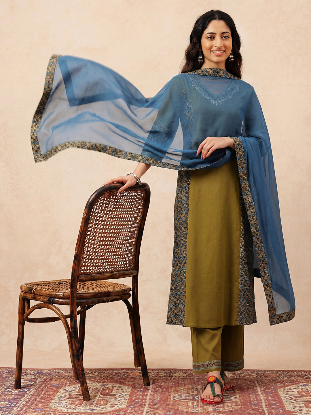 Mehendi Green & Teal Solid A-Line Cotton Stitched Kurta, Palazzo With Dupatta