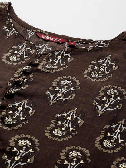 Brown Embroidered Straight Cotton Kurta Set