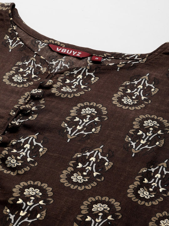 Brown Embroidered Straight Cotton Kurta Set