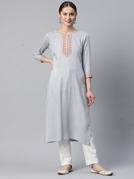 Grey Embroidered Straight Rayon Kurta