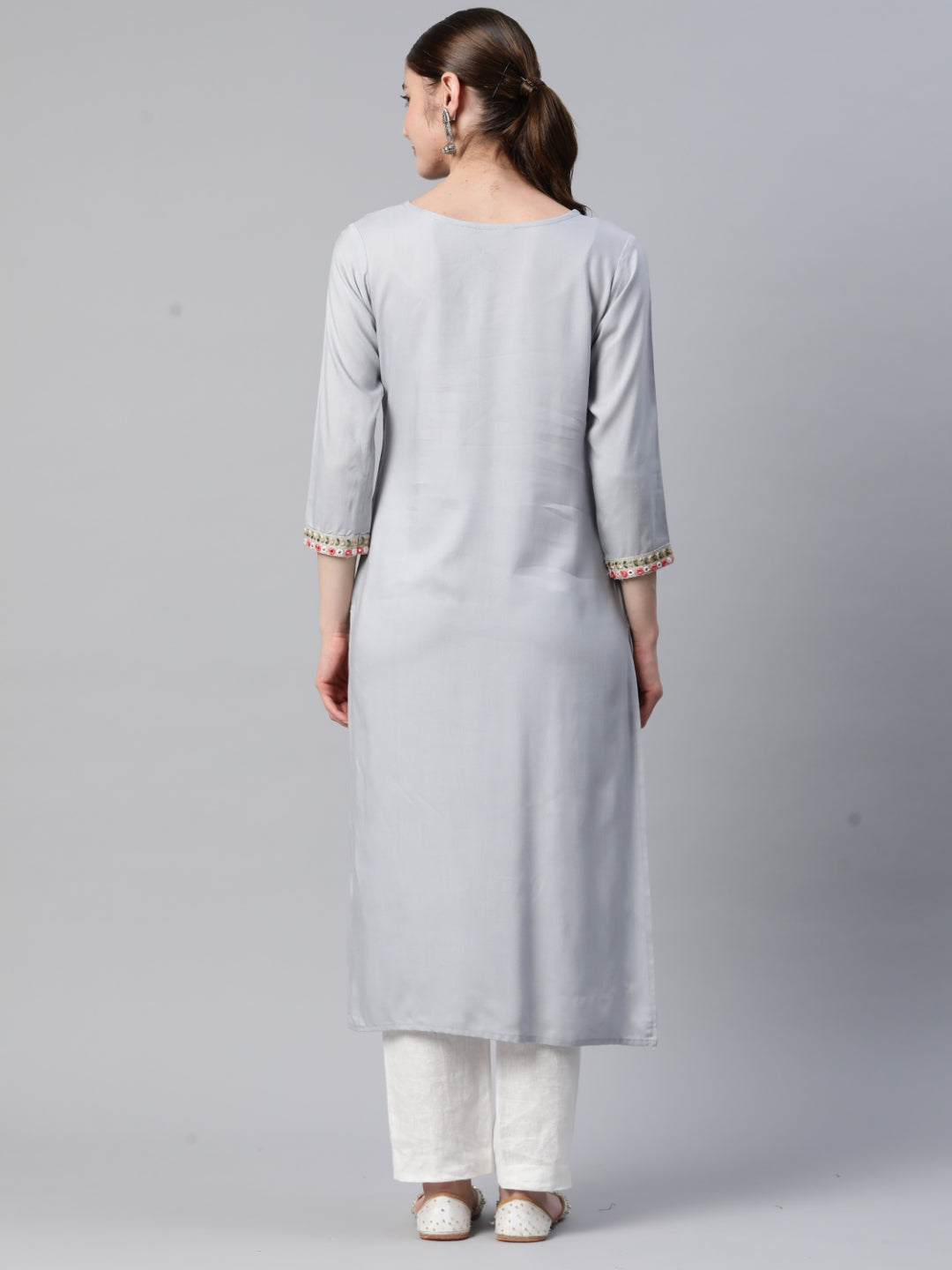 Grey Embroidered Straight Rayon Kurta