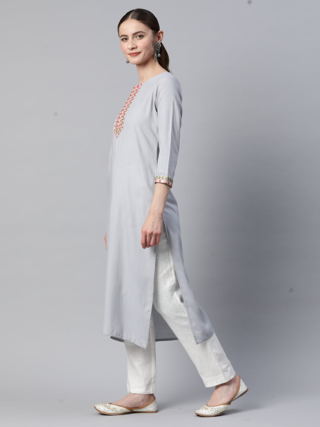 Grey Embroidered Straight Rayon Kurta