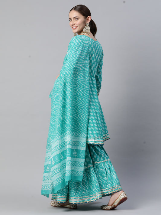 Turquoise Cotton Flared Kurta Set