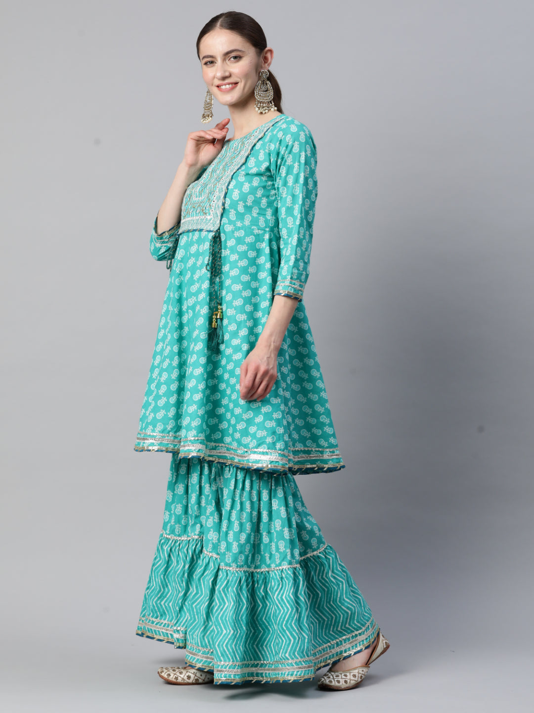 Turquoise Cotton Flared Kurta Set