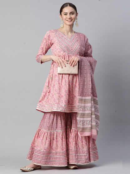 Baby Pink Embroidered Flared Cotton Kurta Set