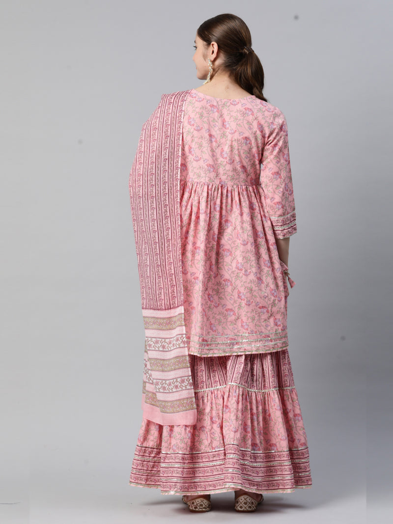Baby Pink Embroidered Flared Cotton Kurta Set