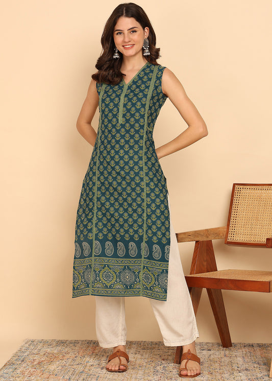 Aqua Green Floral Printed Straight Cotton Stitched Kurta