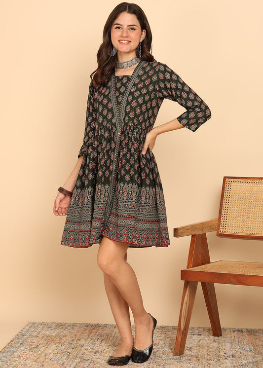 Green Floral Printed Fit And Flare Cotton Stitched Dress