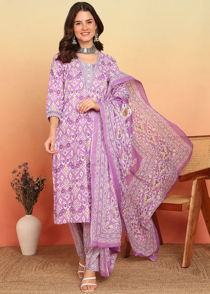 Lavender Geometric Printed Straight Cotton Stitched Kurta, Pant With Dupatta
