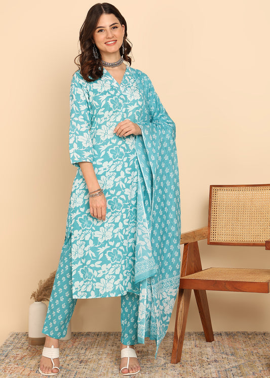 Sky Blue Floral Printed Straight Cotton Stitched Kurta Set
