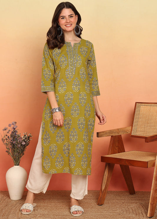 Yellow Floral Printed Straight Cotton Stitched Kurta