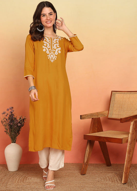 Mustard Solid Straight Rayon Stitched Kurta