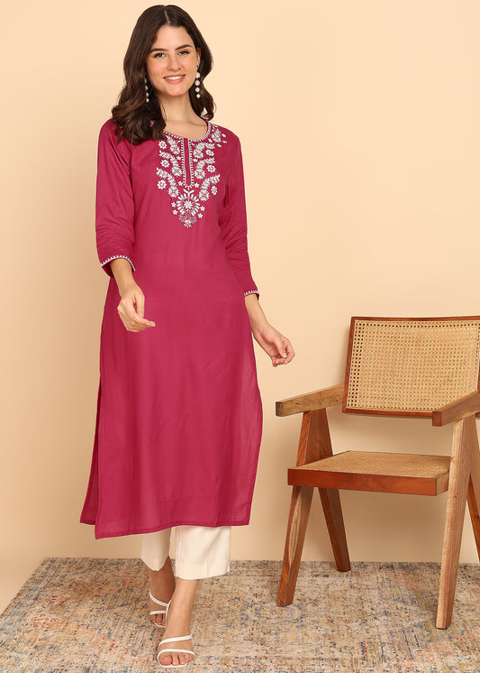 Pink Solid Straight Rayon Stitched Kurta