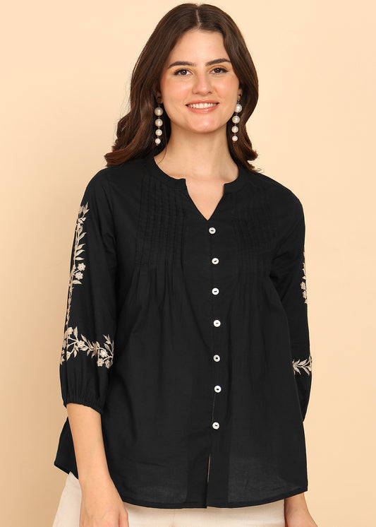 Black Solid Fit And Flare Cotton Stitched Top