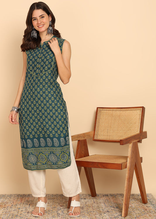 Aqua Green Floral Printed Straight Cotton Stitched Kurta