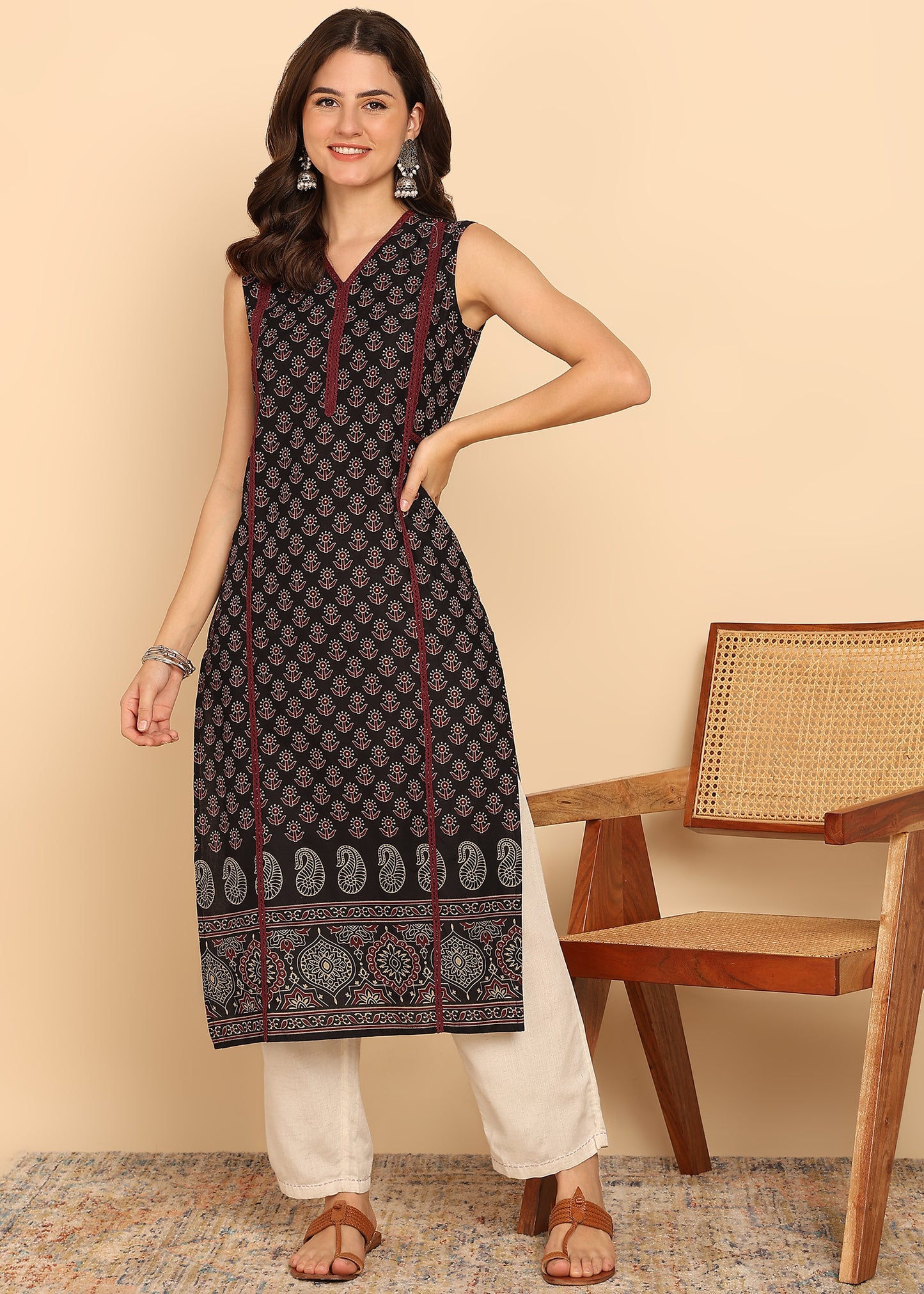 Black Floral Printed Straight Cotton Stitched Kurta