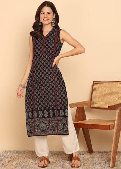 Black Floral Printed Straight Cotton Stitched Kurta