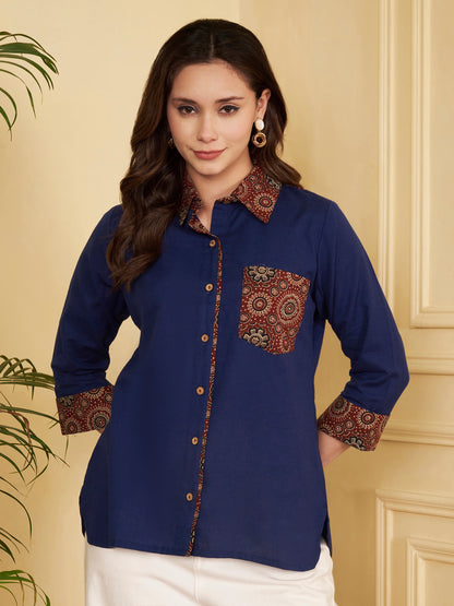 Blue Solid Straight Cotton Flex Stitched Top
