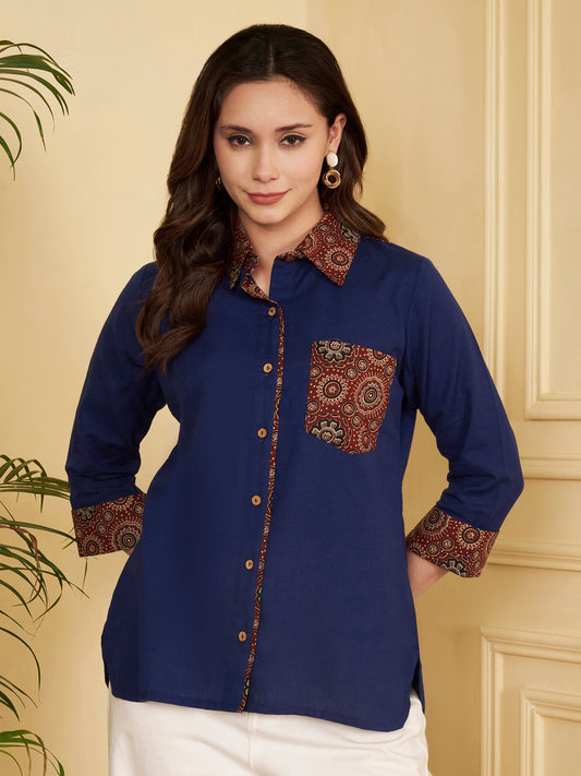 Blue Solid Straight Cotton Flex Stitched Top