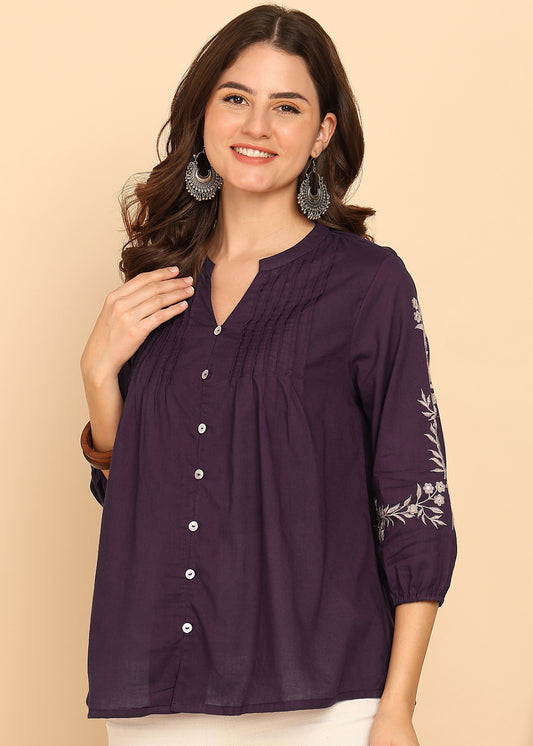 Wine Solid Fit And Flare Cotton Stitched Top
