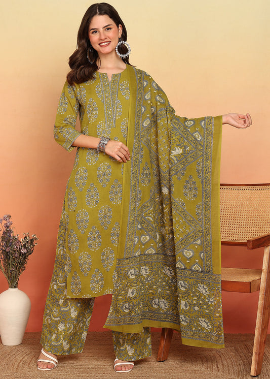 Mahendi Green Floral Printed Straight Cotton Stitched Kurta Set