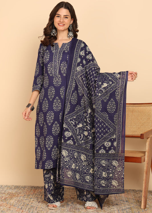 Indigo Blue Floral Printed Straight Cotton Stitched Kurta Set
