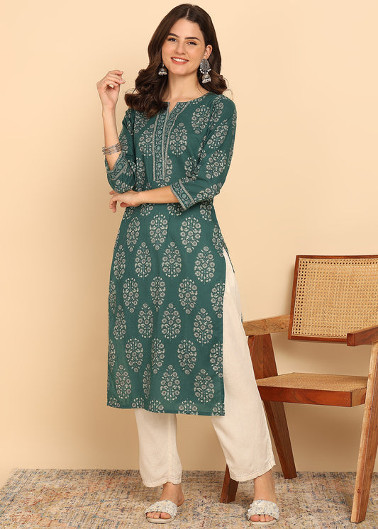 Peacock  Floral Printed Straight Cotton Stitched Kurta