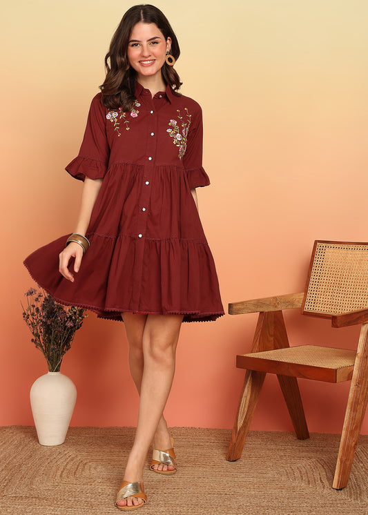 Crimson Red Solid Flare Cotton Stitched Dress
