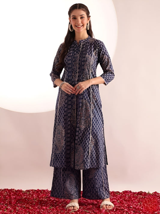 Blue Floral Print Fit & Flare Cotton Stitched Kurta With Pant