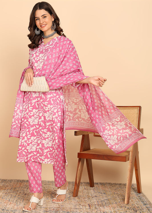 Pink Floral Printed Straight Cotton Stitched Kurta, Pant With Dupatta
